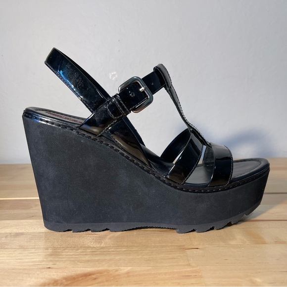 Prada Sport Black Patent Leather Wedge Platform Ankle Strap Sandals Size 39 - Picture 1 of 15